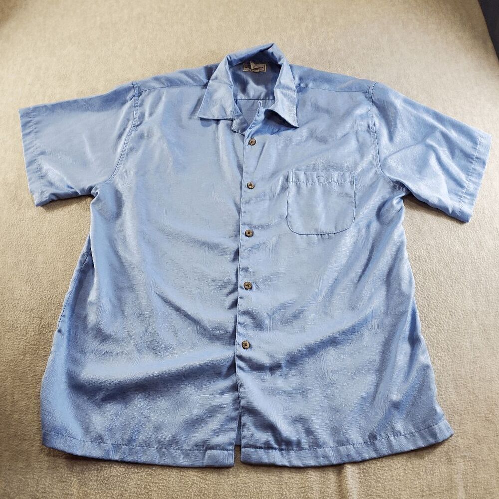 Passion Shirt Men 2XL Blue Polyester Short Sleeve Side Slit Collared Button Down
